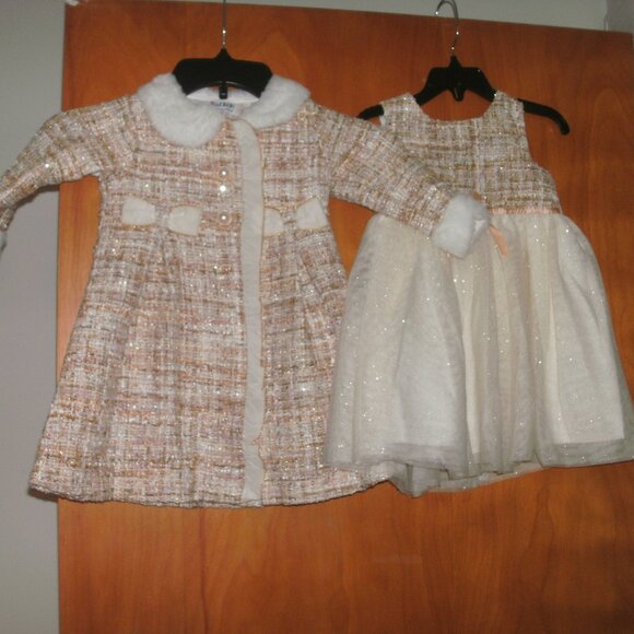 NWT Blueberi Boulevard Set Dress + Coat Tweed Ivory Tan & Gold Faux Fur Trim 24M - Picture 1 of 3